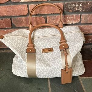 Michael Kors Beige and Brown Logo Large Weekender Travel Bag